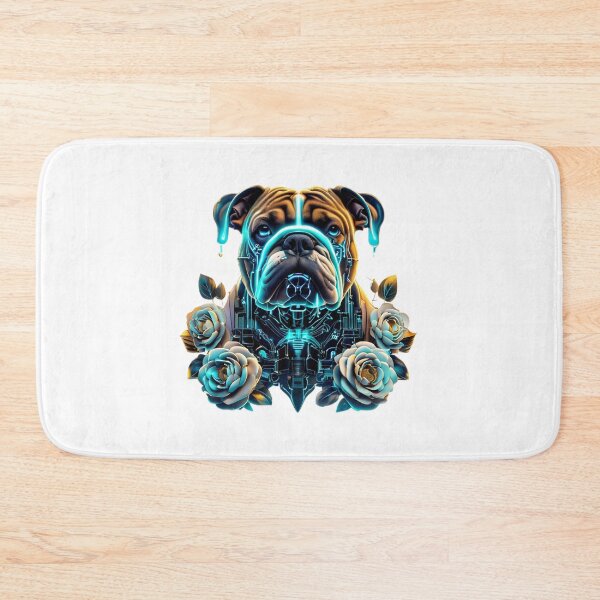 Item preview, Bulldog with Blue Neon Circuits and White Camellia Flowers | Futuristic Dog Art designed and sold by Naturalite19.