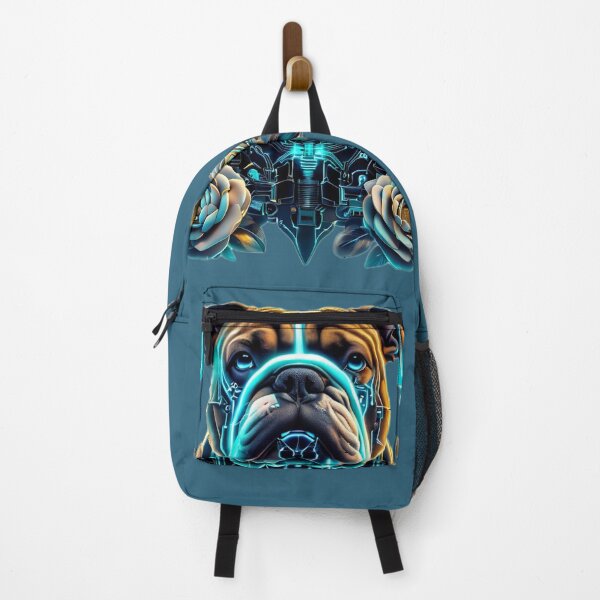 Item preview, Bulldog with Blue Neon Circuits and White Camellia Flowers | Futuristic Dog Art designed and sold by Naturalite19.