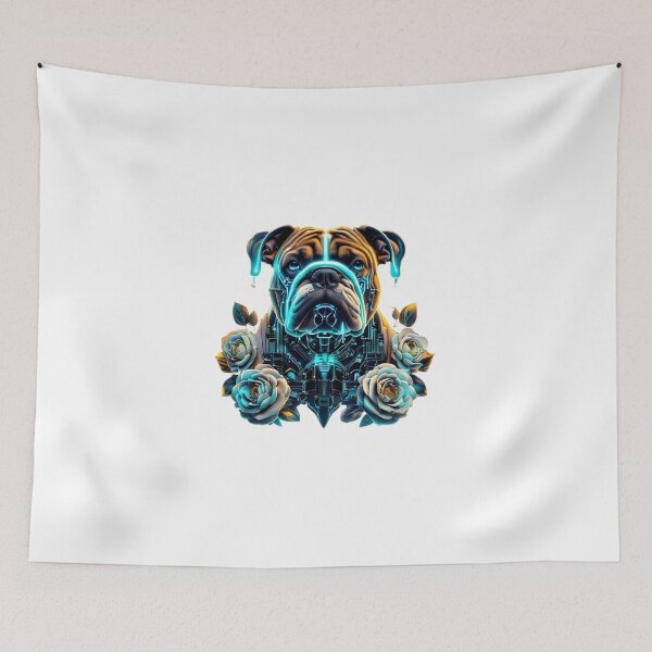 Item preview, Bulldog with Blue Neon Circuits and White Camellia Flowers | Futuristic Dog Art designed and sold by Naturalite19.