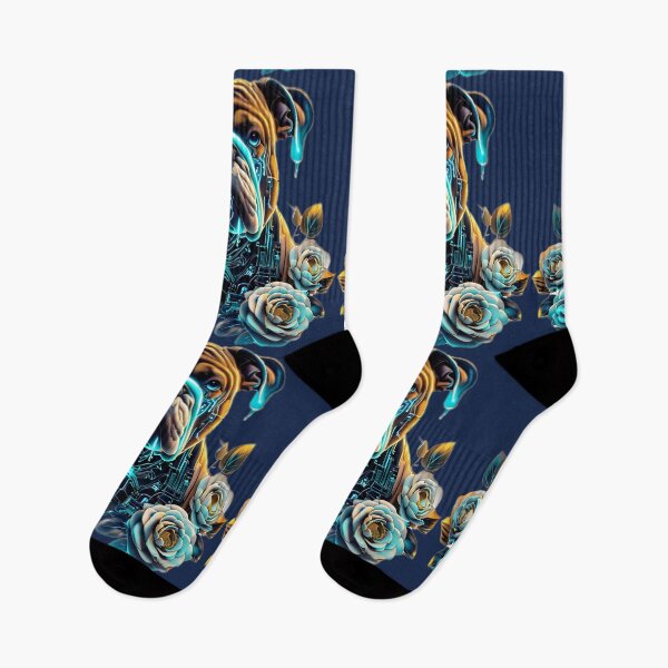 Item preview, Bulldog with Blue Neon Circuits and White Camellia Flowers | Futuristic Dog Art designed and sold by Naturalite19.