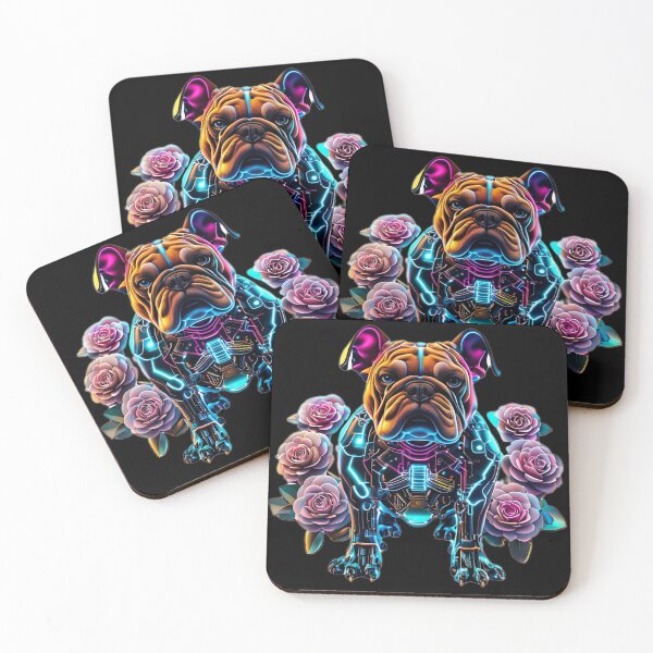 Item preview, Cyber Bulldog with Blue Neon Circuits and Soft Pink Camellia Flowers | Futuristic Dog Design designed and sold by Naturalite19.