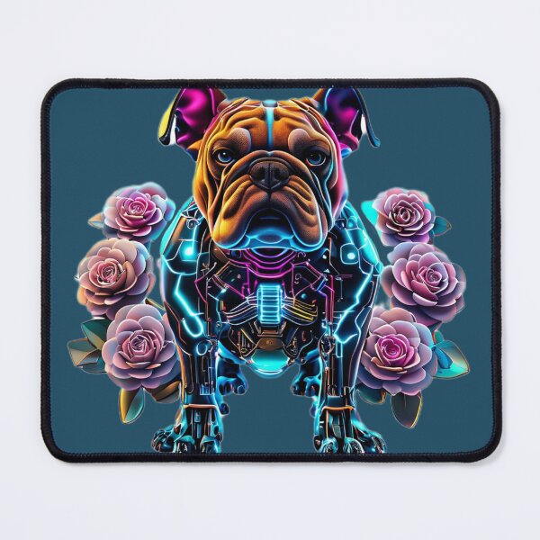 Item preview, Cyber Bulldog with Blue Neon Circuits and Soft Pink Camellia Flowers | Futuristic Dog Design designed and sold by Naturalite19.