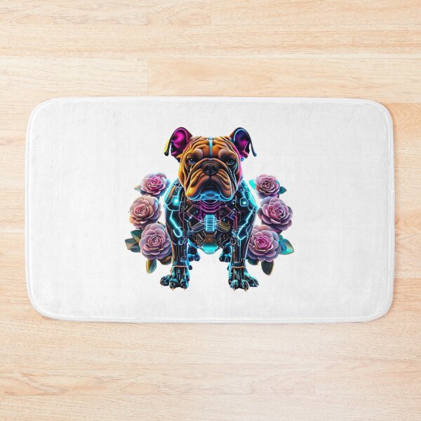 Item preview, Cyber Bulldog with Blue Neon Circuits and Soft Pink Camellia Flowers | Futuristic Dog Design designed and sold by Naturalite19.