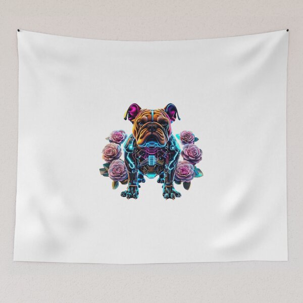 Item preview, Cyber Bulldog with Blue Neon Circuits and Soft Pink Camellia Flowers | Futuristic Dog Design designed and sold by Naturalite19.