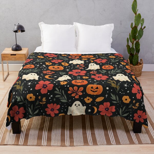 Item preview, Halloween Night Pattern With Ghosts, Pumpkins, Flowers, And Stars On Dark Background designed and sold by Rue Market.