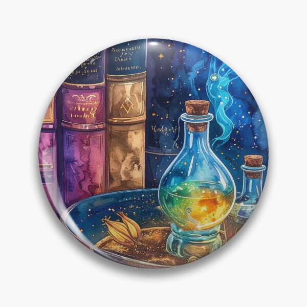 Item preview, magical potion, witch's bowl and books in purple blue watercolors designed and sold by LiskoDesign.
