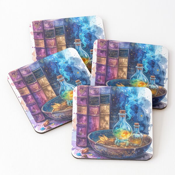 Item preview, magical potion, witch's bowl and books in purple blue watercolors designed and sold by LiskoDesign.
