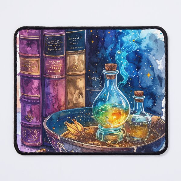 Item preview, magical potion, witch's bowl and books in purple blue watercolors designed and sold by LiskoDesign.