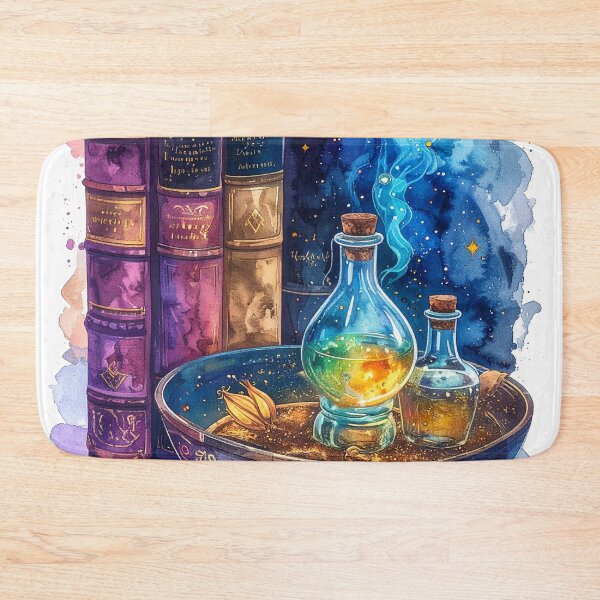 Item preview, magical potion, witch's bowl and books in purple blue watercolors designed and sold by LiskoDesign.
