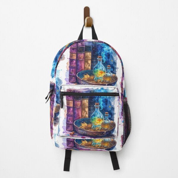 Item preview, magical potion, witch's bowl and books in purple blue watercolors designed and sold by LiskoDesign.