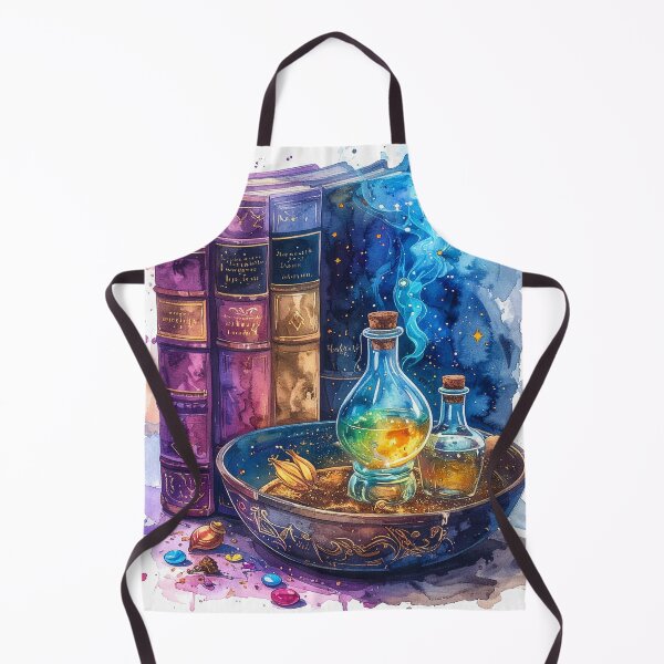 Aperçu de l'œuvre potion magique, bol de sorcière et livres aux aquarelles bleu violet créée et vendue par LiskoDesign.
