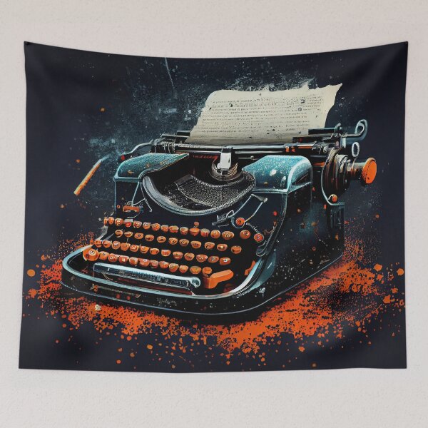 Item preview, Hand-drawn comic retro typewriter. Dark background in art retro-futuristic style designed and sold by anytka.