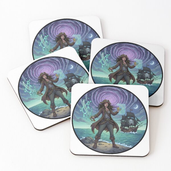 Item preview, Mystic Lady Pirate with Glowing Sword and Map Under Cosmic Vortex designed and sold by NewYorkColours.