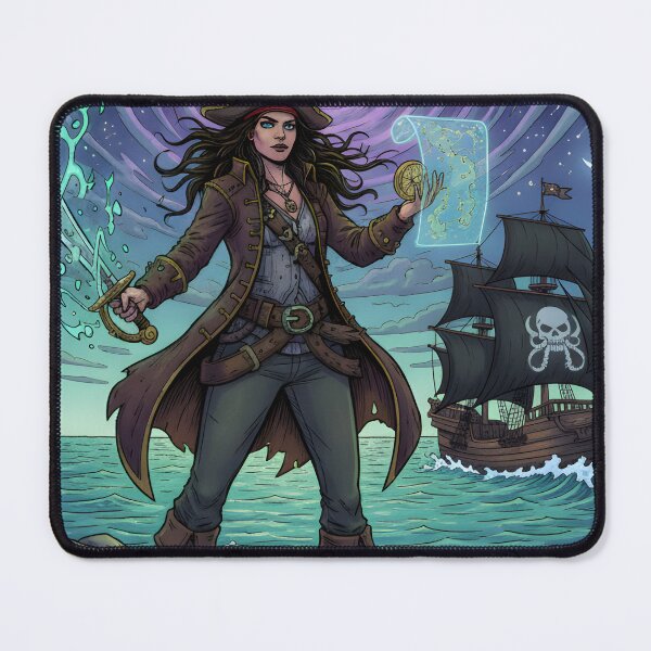 Item preview, Mystic Lady Pirate with Glowing Sword and Map Under Cosmic Vortex designed and sold by NewYorkColours.