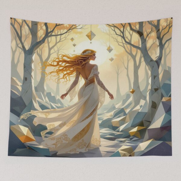 Item preview, Golden Grace – Woman with flowing hair in surreal geometry between fog, light & dream designed and sold by FotoworldEdel.