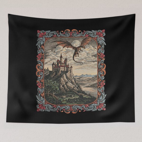 Item preview, Vintage Dragon Flying Over Fantasy Castle designed and sold by TeeARTHY.