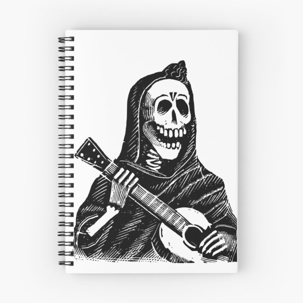 Aperçu de l'œuvre Squelette jouant de la guitare – Design rock’n’roll jusqu’à la tombe créée et vendue par MerchMarketer.