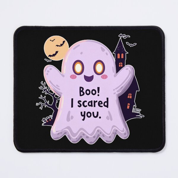 Item preview, Boo! I Scare You: A Friendly Purple Kawaii Ghost in Front of a Haunted House and the Halloween Moon designed and sold by karina360.