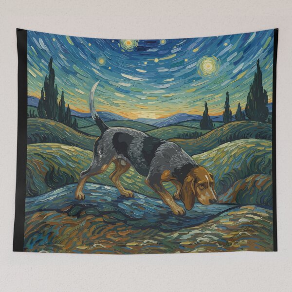 Item preview, Bluetick coonhound in the nigth with star and moon, impressionism, famous painting, Starry Night Style Van Gogh painting bluetick coonhound Lover designed and sold by Collagedream.