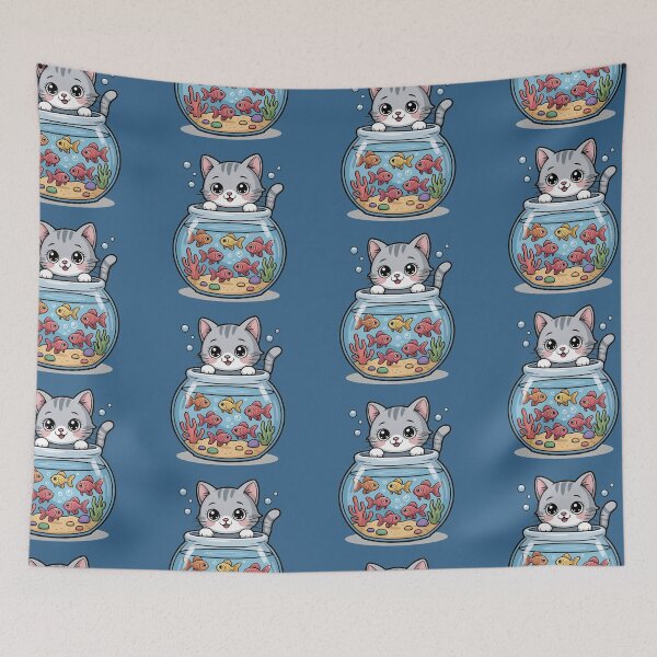 Item preview, Cute Cat Watching Goldfish – Kawaii Aquarium Illustration designed and sold by Tidarat-27.