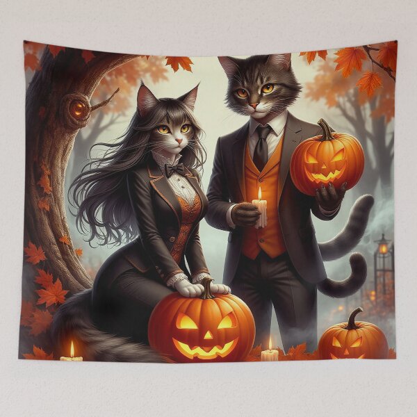 Item preview, Halloween Cats – Elegant Feline Couple with Pumpkins designed and sold by AmetistLight.