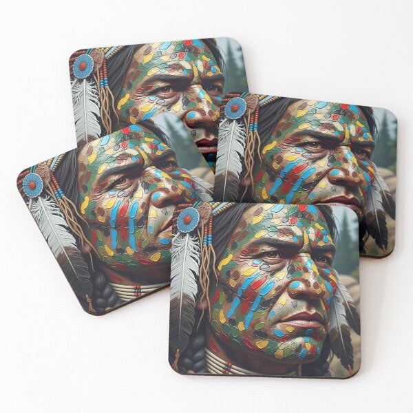 Item preview, The face of the Native American chief is decorated with feathers, beads, and colors drawn with embossed acrylic: red, blue, green, white, and black. designed and sold by jotcar.