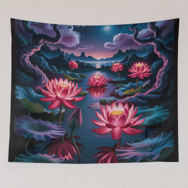 Item preview, nighttime landscape featuring luminous red lotus flowers. designed and sold by Lilashakti ⭐️ ⭐️ ⭐️ ⭐️ ⭐️.