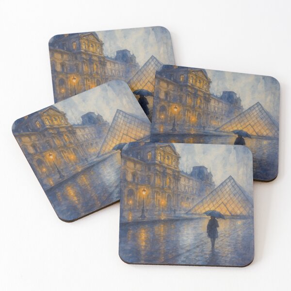 Item preview, Paris Louvre Rainy Day Watercolor Art Print with Umbrella Silhouette designed and sold by Chester Tugwell.