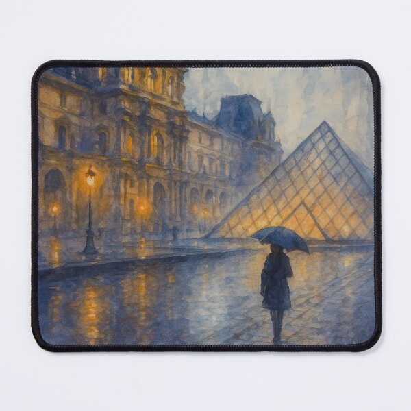 Item preview, Paris Louvre Rainy Day Watercolor Art Print with Umbrella Silhouette designed and sold by Chester Tugwell.