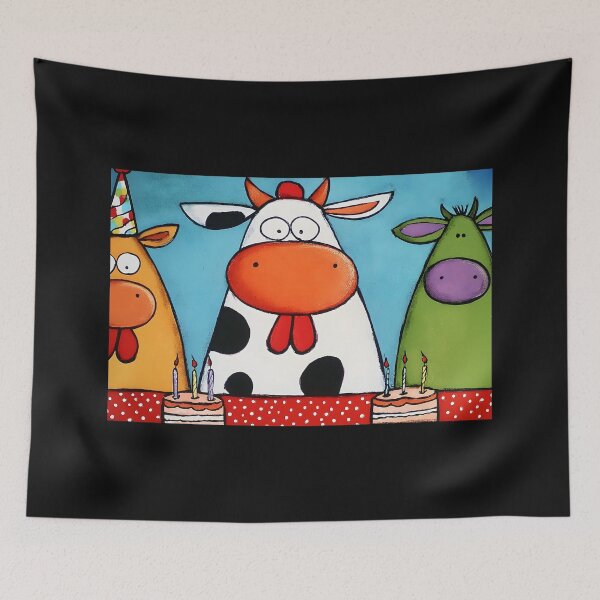 Item preview, Three Cows Partying Hard with Cakes and Candles in a Whimsical Colorful Celebration designed and sold by OlfactoART Studio.