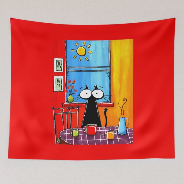 Item preview, Black Cat Hosting Coffee Hour With Bright Mugs and a Sunshine View Like a Total Morning Diva designed and sold by OlfactoART Studio.