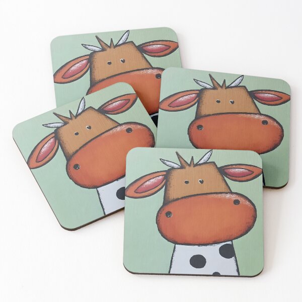 Item preview, Playful Moo Cow Flaunting Its Big Orange Muzzle and Black Spots Against Soft Green Backdrop designed and sold by OlfactoART Studio.