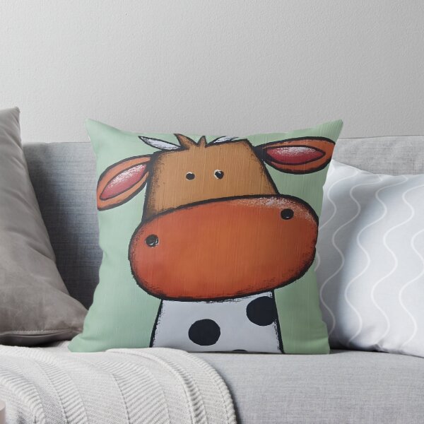 Item preview, Playful Moo Cow Flaunting Its Big Orange Muzzle and Black Spots Against Soft Green Backdrop designed and sold by OlfactoART Studio.