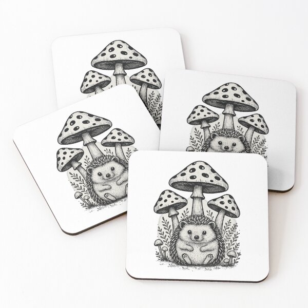 Item preview, Hedgehog Under Mushrooms — Botanical Mono Line Art designed and sold by BadaBingBear.