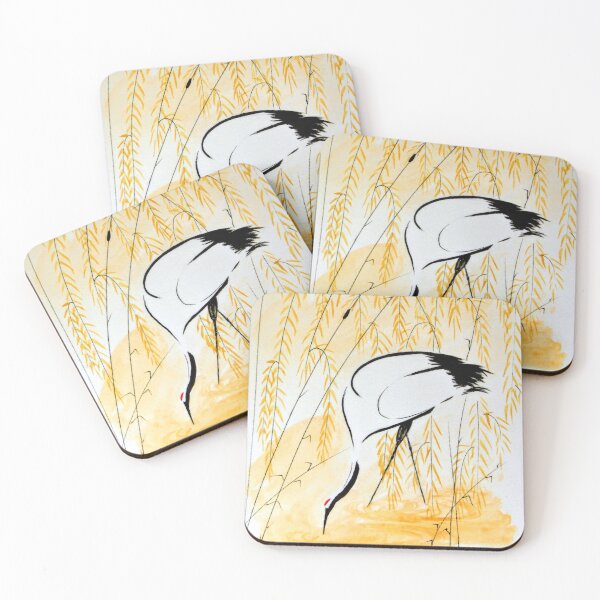 Item preview, Crane in Golden Light with Weeping Willow | Japanese Crane Watercolor Drawing  designed and sold by AngelaMarieArt.