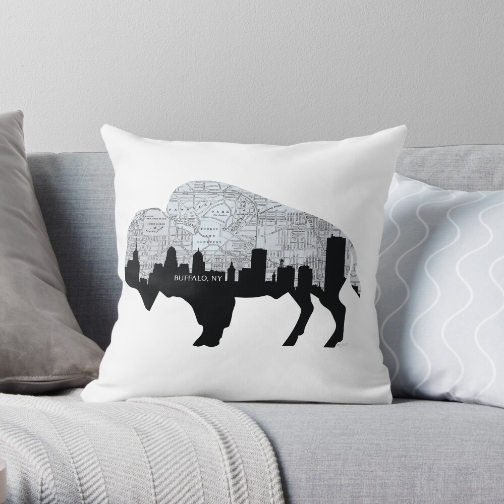 Buffalo, New York Map and Skyline, Grayscale Throw Pillow