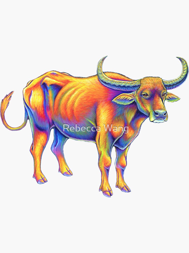 "Psychedelic Rainbow Water Buffalo Ox Bull" Sticker by lioncrusher Redbubble