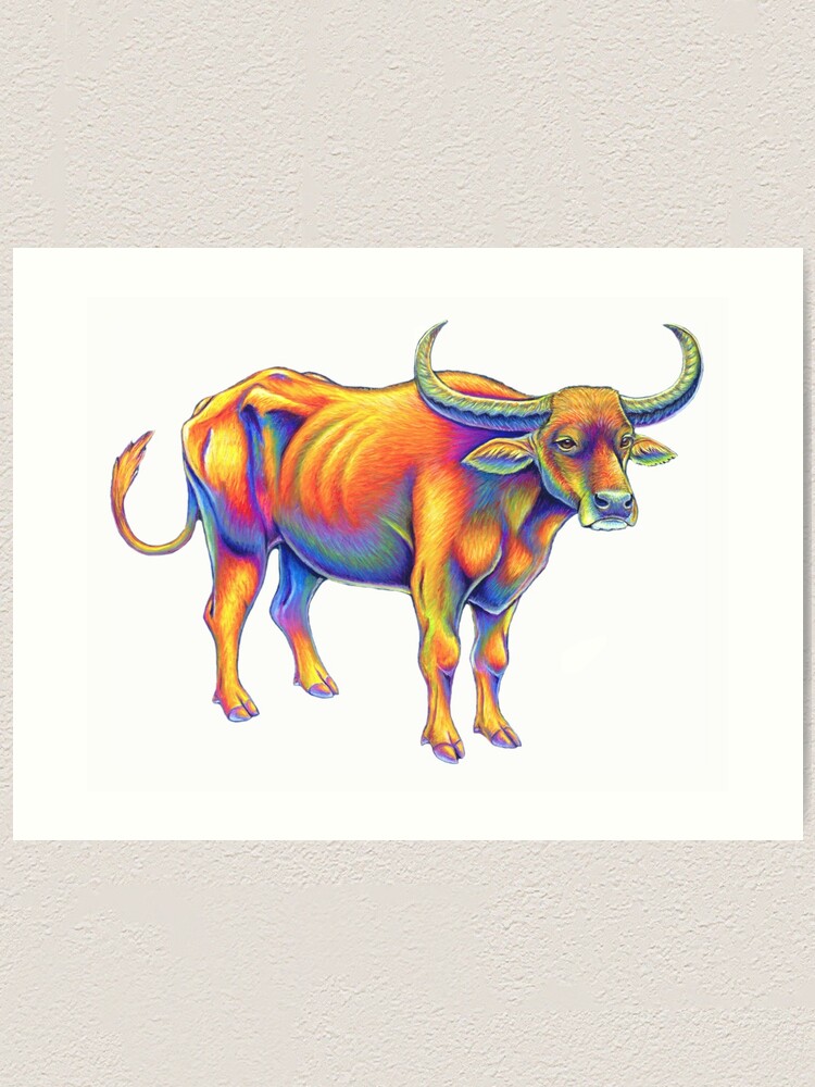 Alternate view of Psychedelic Rainbow Water Buffalo Ox Bull Art Print