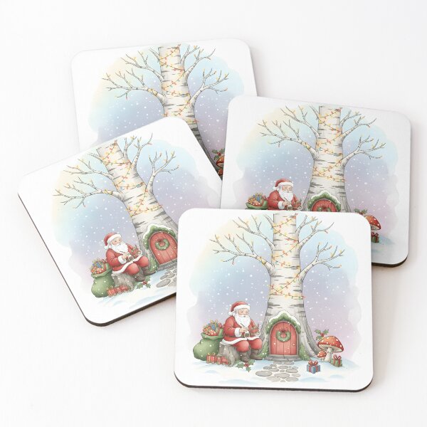 Item preview, Santa Claus Watercolor under a Snowy Birch Tree Fairy Door designed and sold by NewYorkColours.