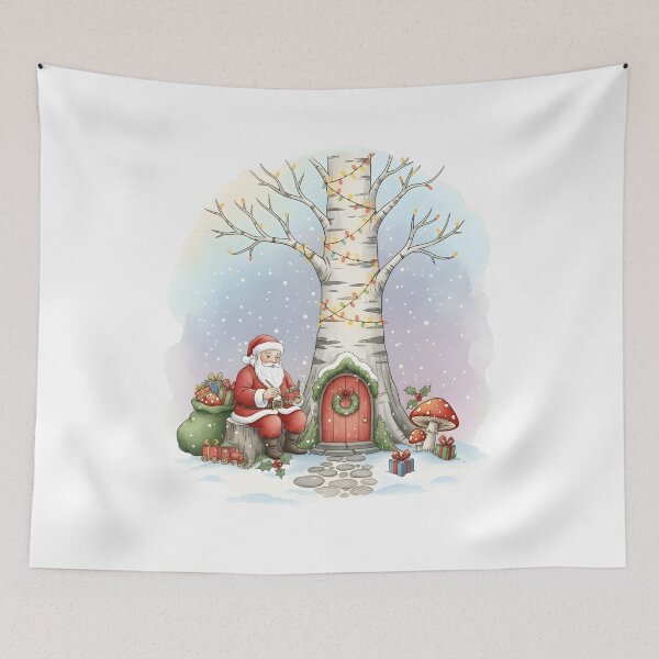Item preview, Santa Claus Watercolor under a Snowy Birch Tree Fairy Door designed and sold by NewYorkColours.