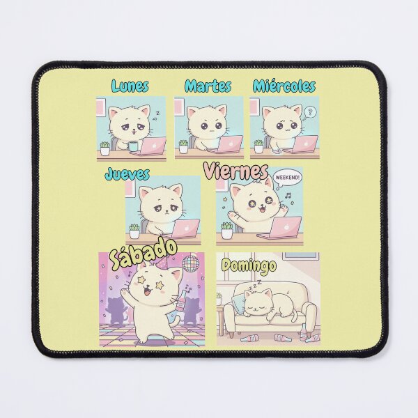 Item preview, Cat Weekly Routine Office Humor Meme Monday to Friday Work Life Spanish legend designed and sold by DibuHumor.