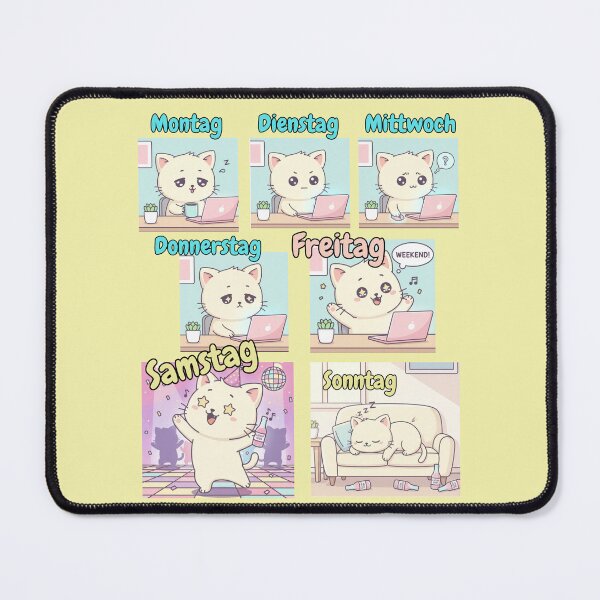 Item preview, Cat Weekly Routine Office Humor Meme Monday to Friday Work Work Life legend in German designed and sold by DibuHumor.