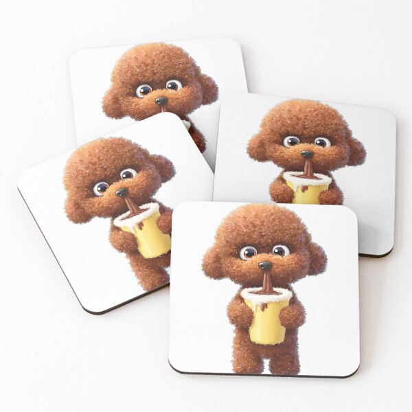 Item preview, Hot Cocoa Spill Poodle trying to drink oversized hot chocolate, fur knocking cup over, chocolate spilling, playful startled face designed and sold by 1707warehouse.