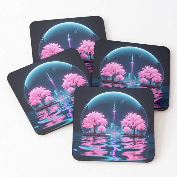 Artikelvorschau, Neon Sakura Stadtbild – Futuristisches Kirschblütenglühen | Cyber Dream Tower Reflection Art entworfen und verkauft von AwesomeDigiShop.