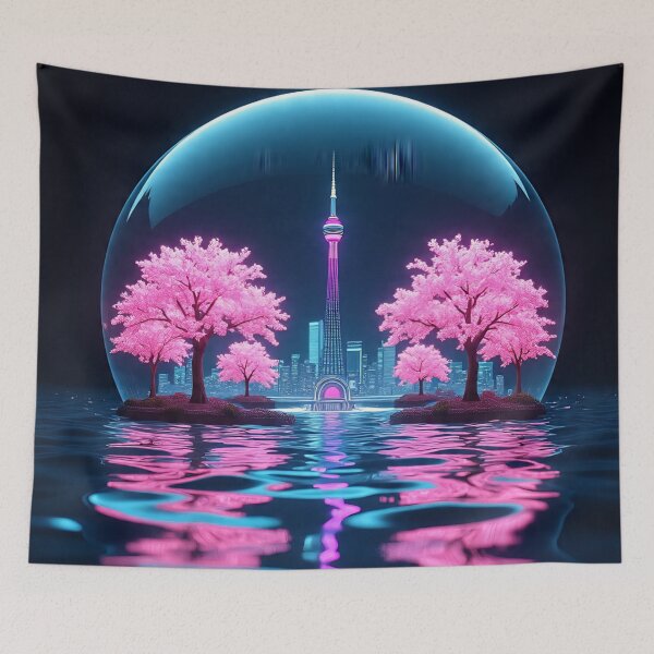 Item preview, Neon Sakura Cityscape – Futuristic Cherry Blossom Glow | Cyber Dream Tower Reflection Art designed and sold by AwesomeDigiShop.