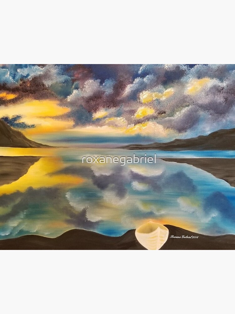Life Boat Sky Water Lake Clouds Skyscape Waterscape Row Boat Blue And Yellow Cloudy Sky Painting Art Board Print By Roxanegabriel Redbubble