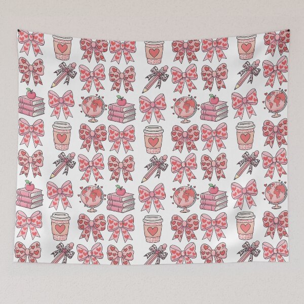Item preview, Cute Pink Bows and School Icons with Hearts Aesthetic designed and sold by ArtfulWeave.
