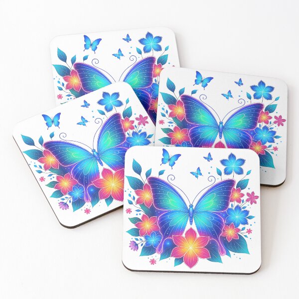 Item preview, Neon Butterfly Surrounded by Colorful Glowing Flowers designed and sold by ArtfulWeave.