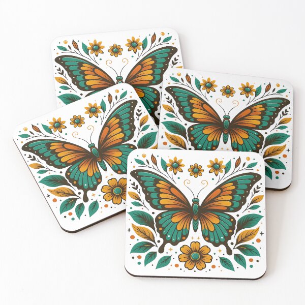 Item preview, Folk Art Butterfly in Teal and Orange with Floral Accents designed and sold by ArtfulWeave.