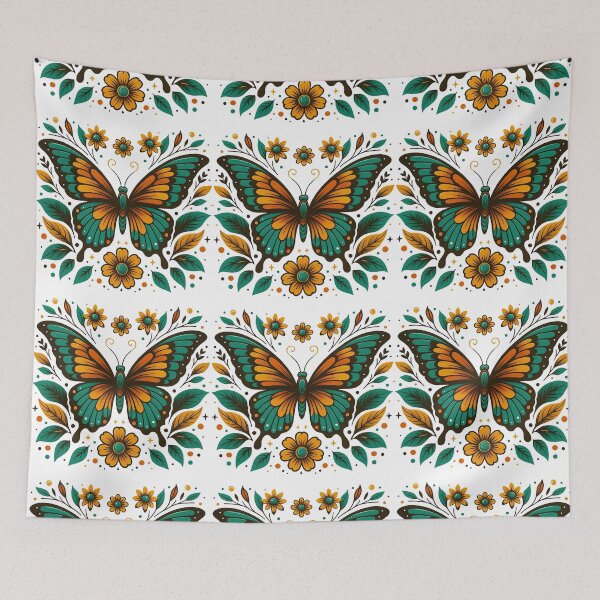 Item preview, Folk Art Butterfly in Teal and Orange with Floral Accents designed and sold by ArtfulWeave.